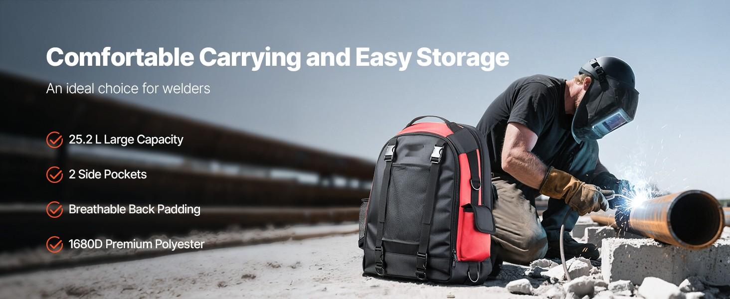 25.2L Welding Backpack Made From 1680D Polyester, Durable Welder Bag For Tools And Helmet, Portable Arc Welding Gear Backpack With Padded Shoulder Straps, Front Organizer Pocket, Quick Access Tool Pockets, Water Resistant Exterior
