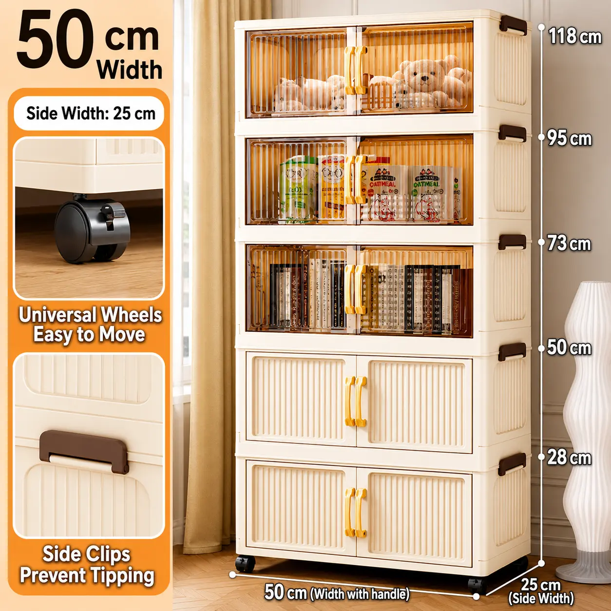 5-Tier Foldable Storage Cabinet with Wheels - Single Unit Clear Double Doors Closet Organization Storage Container for Bedroom/Kitchen Space-Saving Home Organizer