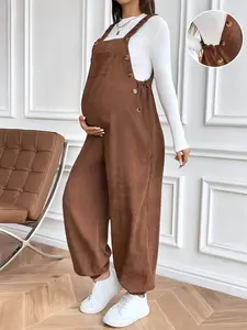 Women's Plus Size Maternity Pants with Adjustable Waist, Casual Fashion Loose Warm Corduroy Overalls, Loose Jumpsuit
