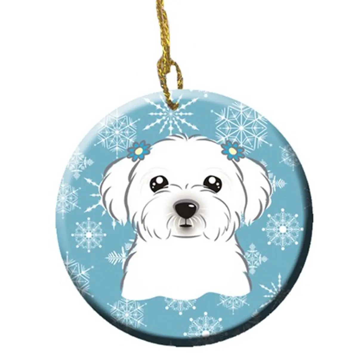 Ceramic Snowflake Maltese Round Corded Hanging Christmas Ornament - 2.81 in. Diameter, Light Weight, Paint-Customizable, Shine Enhancing, Festive Home Decor, Heirloom Holiday Gift