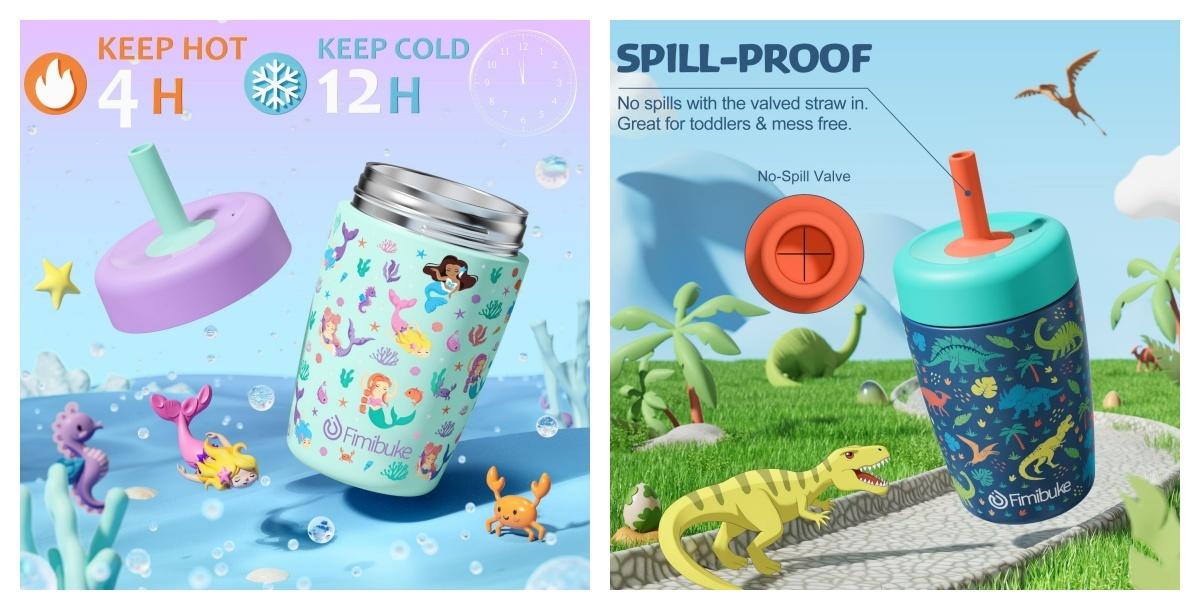 Fimibuke Cups Spill Proof, 12 OZ Insulated Sippy Cups, Straw Tumbler, Stainless Steel Water Bottle with Twist Lids & Silicone Straw