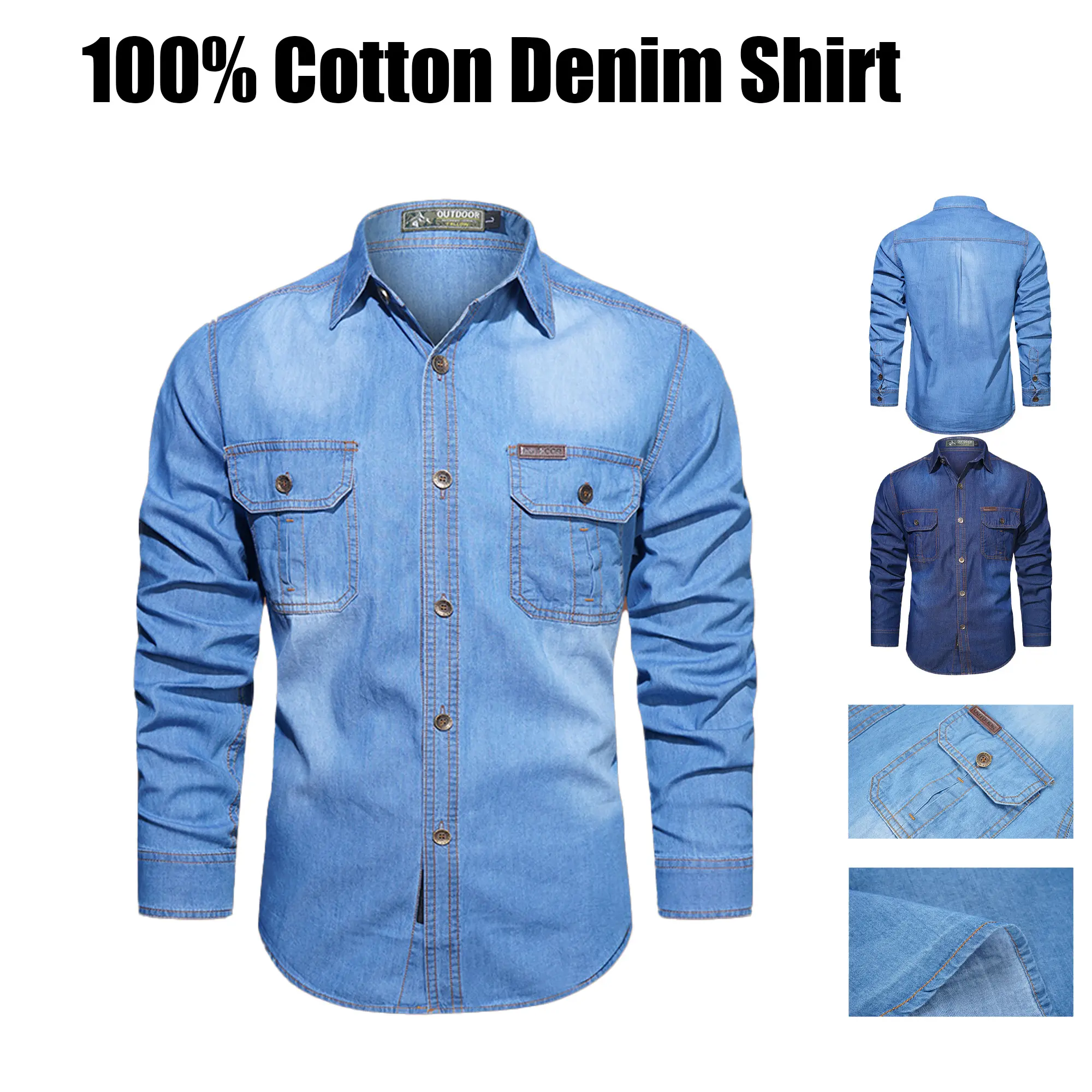 Men’s Collared Washed Pure Cotton Breathable Long-Sleeve Denim Work Shirt, Outdoor Casual Design with Multiple Pockets Menswear Top