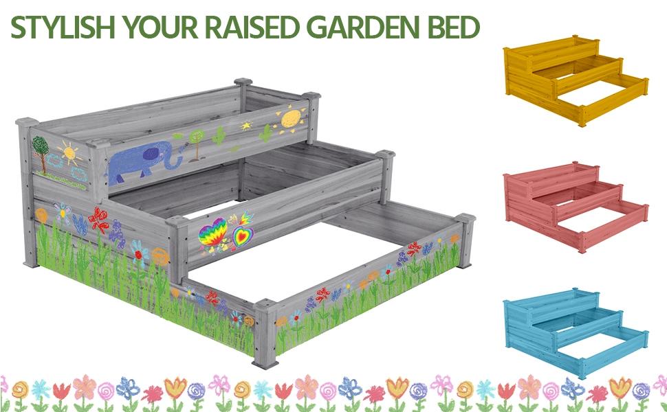 【Fir Wood】Yaheetech 3 Tier Wooden Raised Garden Bed, Horticulture Outdoor Elevated Flower Box, Vegetables Growing Planter for Backyard/Patio/Gardener