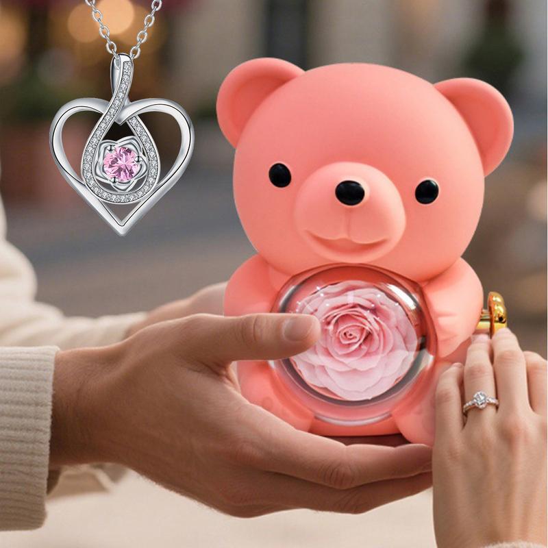 The Cutest Red Rose Bear with Heart Necklace – Elegant Flower & Rhinestone Design, Perfect Gift for Mom, Wife, or Girlfriend on Birthday, Anniversary, or Holidays (Thanksgiving, Christmas, Halloween)