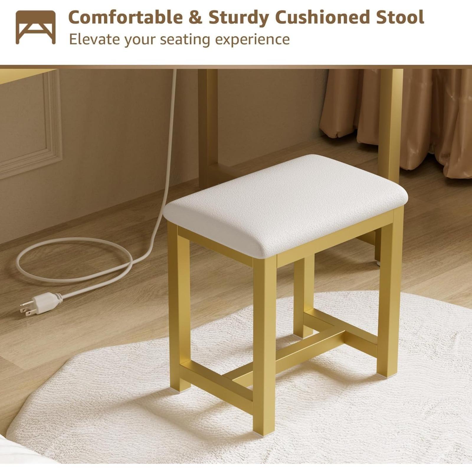 Gold Vanity Desk with Mirror and Light- Makeup Vanity Set Table with Chair, Storage, Lighted Mirror, 4 Large Fabric Drawers & Power Outlet, Dressing Table Vanities for Girls Bedroom Get Free Gift
