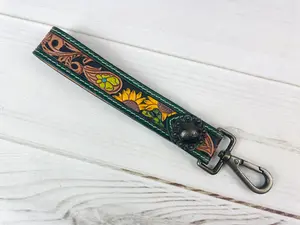 Paisley Green Border Sunflower Tooled Wristlet Leather Keychain