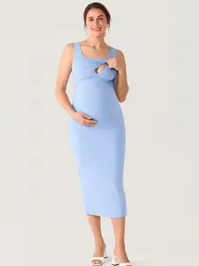 MOMANDA Sleeveless Maternity Nursing Dresses Square Neck Pregnancy Bodycon Midi Tank Dress for Breastfeeding Daily