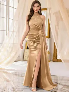 Women's Elegant Halter Sequin Lace Satin Maxi Dress with High Split Ruched Style for Evening Parties & Special Occasions Women's Formal Party Dress