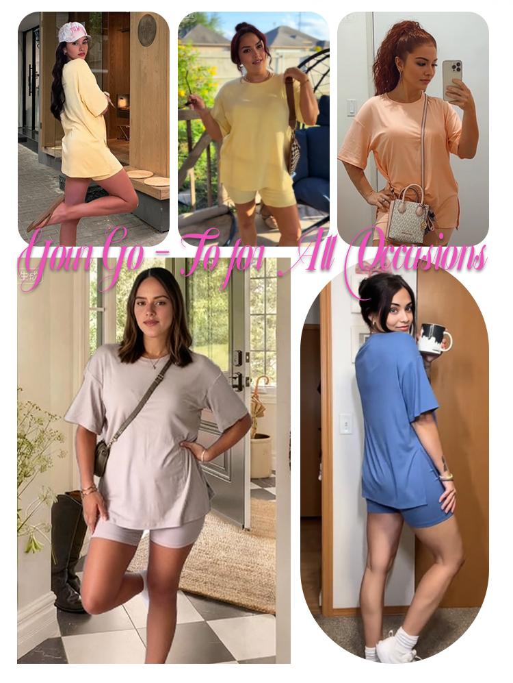 AUTOMET Women's Summer Two-Piece Set 2025 Casual Oversized Shirts Biker Shorts Matching Airport Travel Outfit Split Hem Lounge prettygarden woman