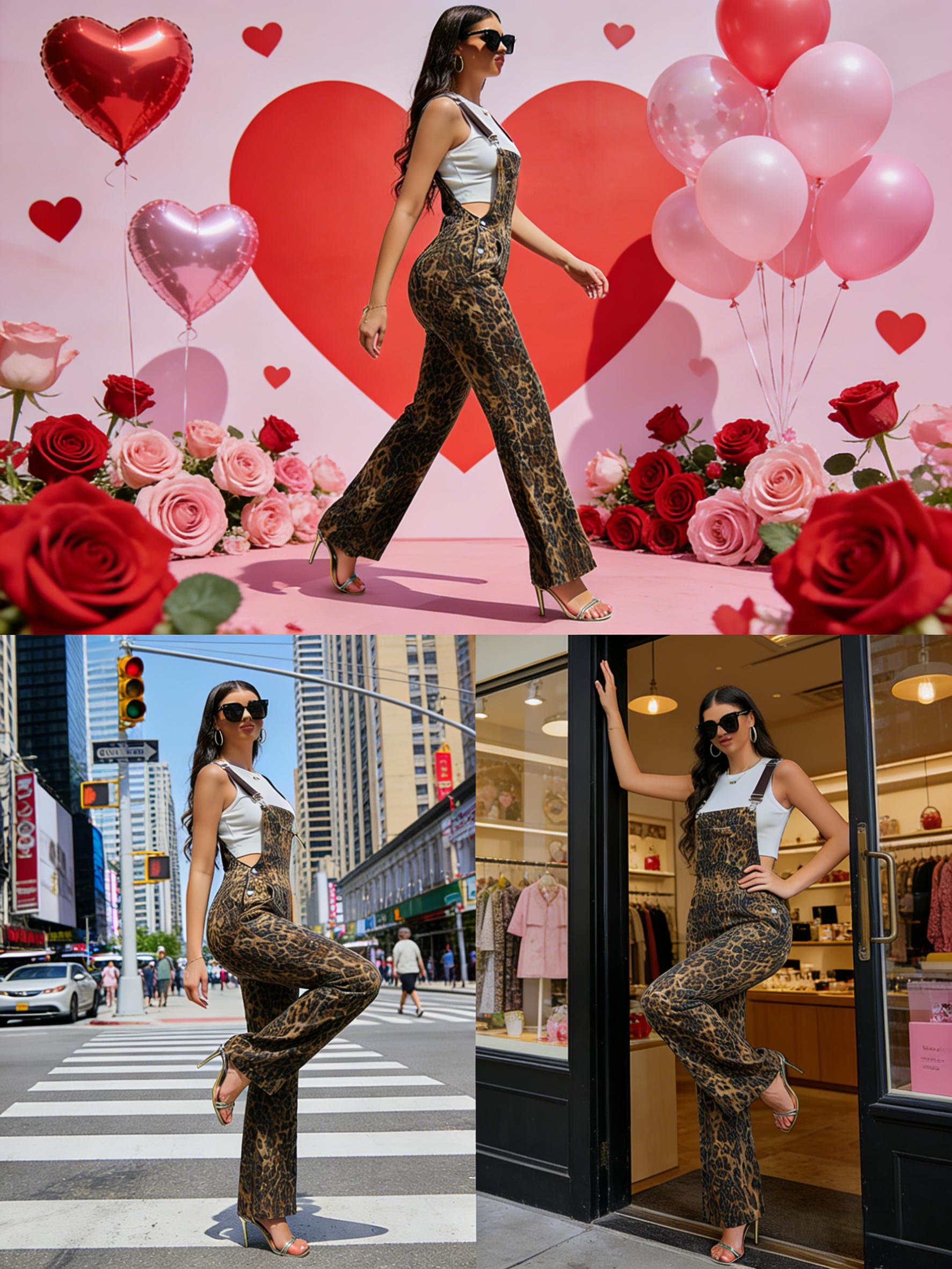 Zhangyan Valentine's Gifts Leopard Print Overalls for Women Stretch Denim Loose Fit Bib Coveralls Cheetah Spring Fall Winter Outfits Y2K Fashion Animal Sleeveless Jumpsuits Straight Leg Pants Mom Wife Womenswear Rompers