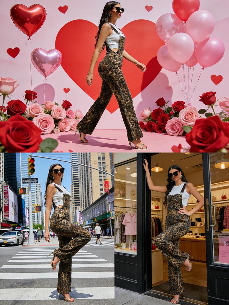 Zhangyan Valentine's Gifts Leopard Print Overalls for Women Stretch Denim Loose Fit Bib Coveralls Cheetah Spring Fall Winter Outfits Y2K Fashion Animal Sleeveless Jumpsuits Straight Leg Pants Mom Wife Womenswear Rompers