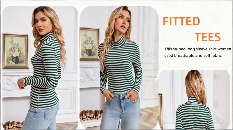 Ebossy Women's Slim-Fit Striped Turtleneck Long Sleeve Top Soft Stretch Fabric Back Detail Basic Layering Shirt for Casual Daily Work Outfits