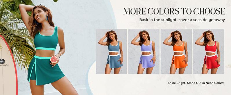 【S-2XL】Hanna Nikole Bikini Sets for Women Color Block Swimsuits with Side Slit Swim Skirt