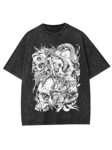 Mens And Womens Wear Heavy Duty Printed T Shirts Skull And Snake Pattern 100 Percent Pure Cotton Soft And Breathable Regular Fitted Sailor Collar Short Sleeve T Shirts Retro Street Hip Hop Style All Season Casual Wear Machine Washable