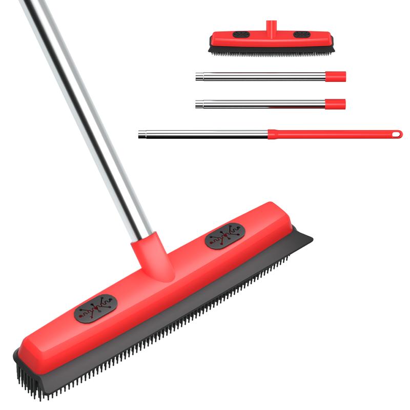 Multi-Functional Pet Hair Removal Broom with Squeegee Edge Adjustable Long Handle Soft Bristles for Indoor Outdoor Multi-Surface Carpet Cleaning Tool Shedding Grooming Kit