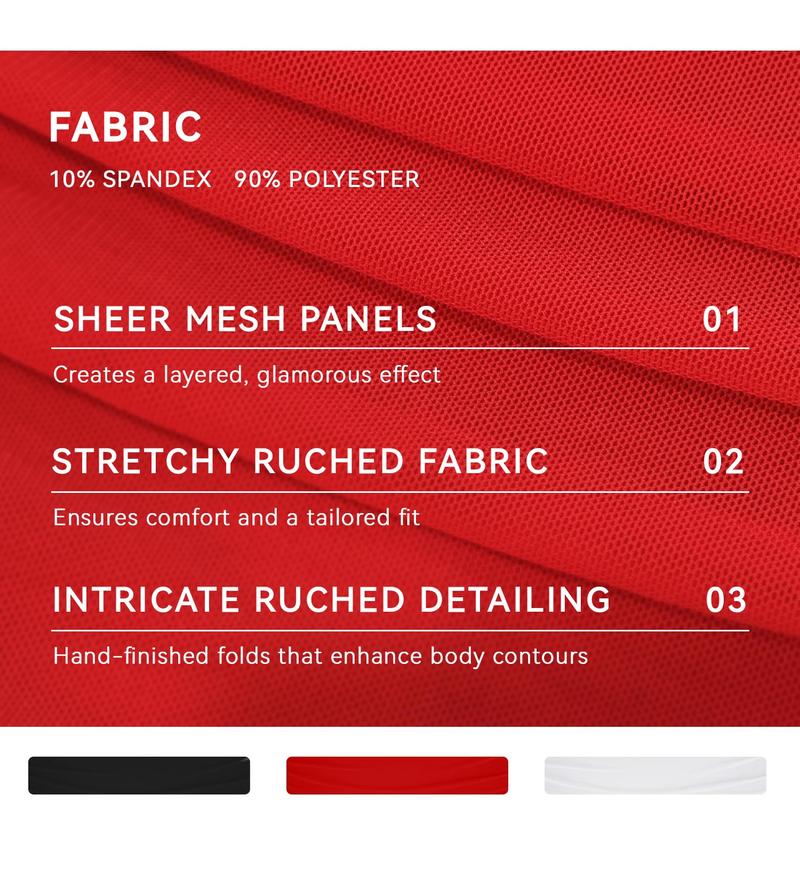 OQQfitness Womenswear Bodycon Mesh Sheer Long Sleeve Dress Short Soft Pleated Party Basic Casual Dress Elegant Minimalist Outfit