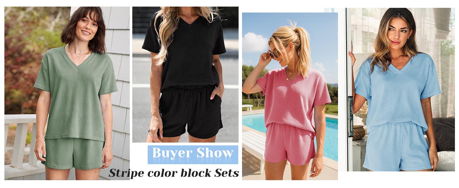 Women’s Ribbed 2 Piece Lounge Set, Short Sleeve Top and Shorts Matching Set for Casual Summer Outfits