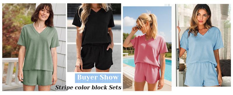 Miduo Women's 2 Piece Sets Ribbed Textured Knit Casual Short Sleeve Shirts Shorts Two Piece Lounge Matching Set for Spring Summer Fall Soft Womenswear