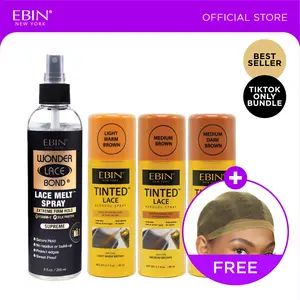 EBIN Tinted Lace Spray (Light Warm Brown, Medium Brown, Medium Dark Brown) + Wonder Lace Bond Melt Spray Bundle with FREE Wig Cap | Natural Tone Match, Seamless Lace Melt