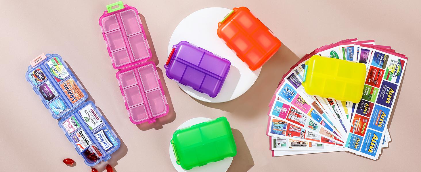 Travel Pill Organizer Box with 146 Labels, 10 Compartment Small Pill Case Medicine Kit, Portable Pocket Purse Pharmacy, Daily Weekly Vitamin Supplement Medication Holder