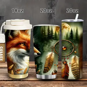 1pc 18oz/20oz Mystical Fox and Dreamcatcher Tumbler with Lid and straw, Winter Insulated Travel Mug, Gift for Women Men, Ideal for Valentine's Day, Birthday Gift, Coffee Cup for Office