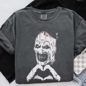 Comfort Colors, Funny Art The Clown Terrifier Graphic T-shirt, Scary Horror Clown Tshirt, Creepy Heart Hands Tee, Spooky Slasher Fan Gift Unisex, Retro Horror Movie Halloween, Tops Menswear Cotton