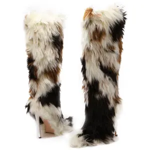 【Valentine's Day Gift】Women's Knee High Boots Faux Fur Boots for Women High Heel Furry Fluffy Pointed Toe Boots Comfort  Plush Warm Outdoor Indoor Heel Shoes
