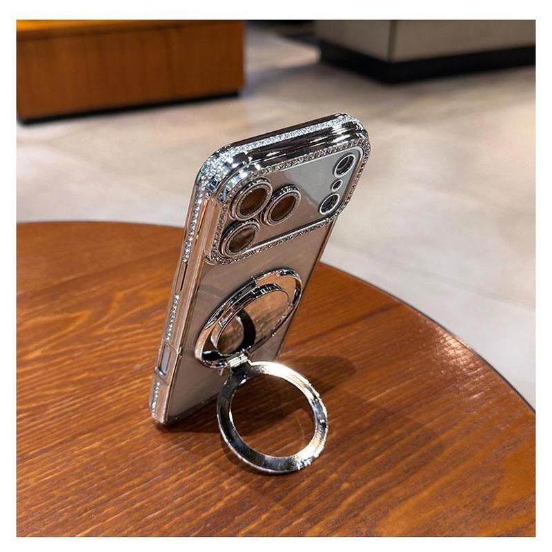 Women's Phone Case with Mirror & Stand for iPhone 12/13/14/15/16/17 Pro Max Plus Air Shiny Frame High-Definition Transparent Material Full-Body Drop-Resistant Design