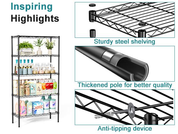 5-Tier Metal Wire Storage Shelves, Adjustable Standing Storage Rack Shelf, Heavy Duty Steel Shelving Unit Organizers for Kitchen Bathroom Pantry Garage, 23.3" W×13.4" D×60" H, Black