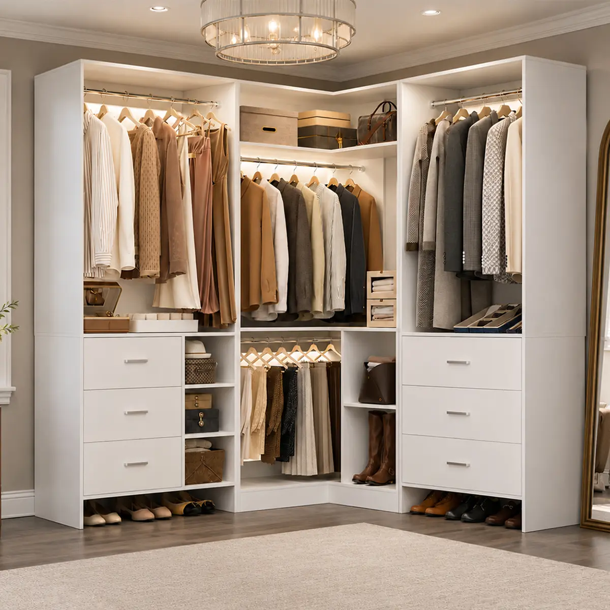 Cyclysio Modular Closet Organizer System,1 to 3 Piece Reversible Freestanding Walk-in Wood Wardrobe Storage Cabinet,  L-Shaped Corner Closet System with Drawers & Hanging Rods, Modern Home Organization Furniture for Bedroom,dorm essentials,home decor