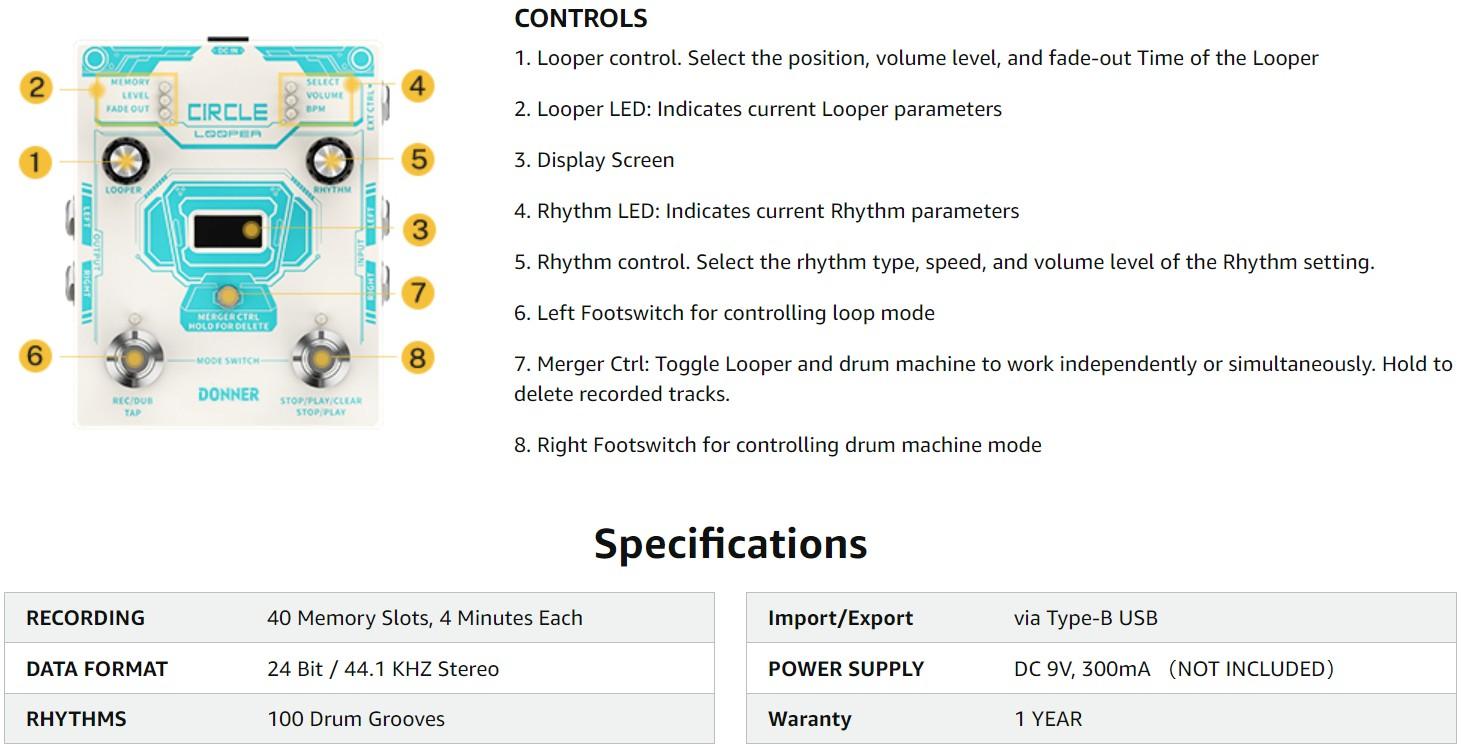 Donner Circle Looper Guitar Pedal with Drum Machine Time Display
