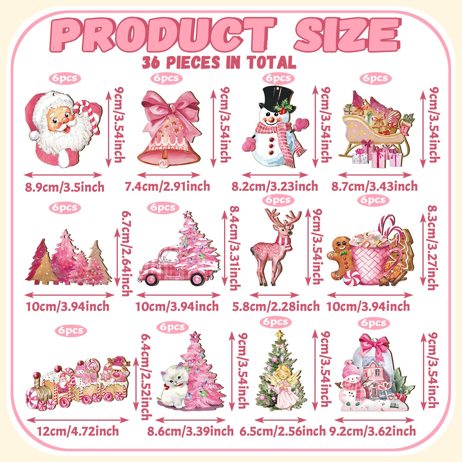 Christmas Clearance Sale 36 Pcs Christmas Ornaments Set Cute Pink Christmas Santa Claus Snowman Design Wooden Hanging Ornaments Christmas Decorations for Xmas Tree Holiday Party Home Decor Winter Crafts Supplies Christmas Gift Pink Girly Aesthetic