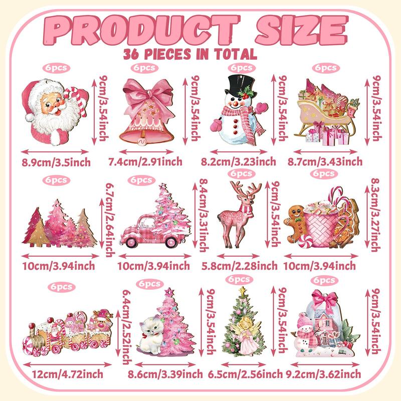 Christmas Clearance Sale 36 Pcs Christmas Ornaments Set Cute Pink Christmas Santa Claus Snowman Design Wooden Hanging Ornaments Christmas Decorations for Xmas Tree Holiday Party Home Decor Winter Crafts Supplies Christmas Gift Pink Girly Aesthetic