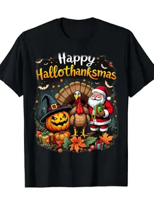 1pc Multi-Festival T-shirt | Black Print, Santa/Turkey/Pumpkin Pattern, Crewneck Short-Sleeve | Unisex | Halloween/Thanksgiving/Christmas | Cross-festival adaptable, solves repeated festival clothing purchases, versatile and practical