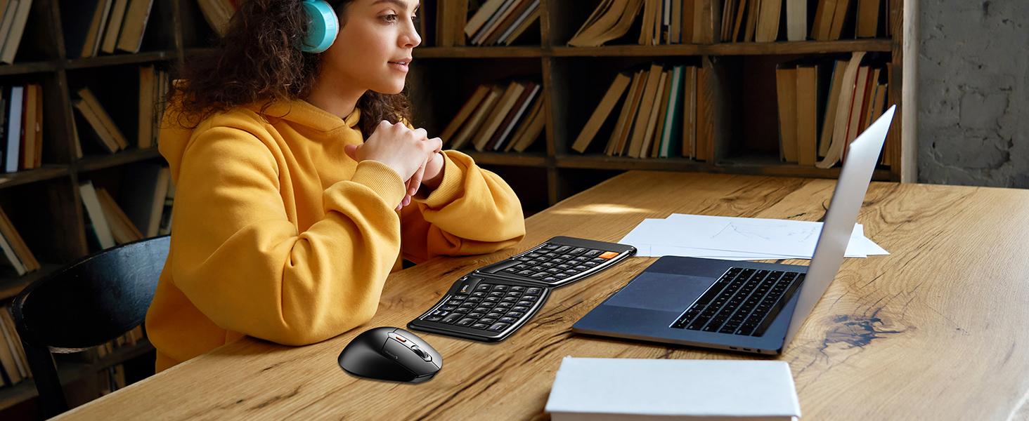 ProtoArc Ergonomic Foldable Keyboard Mouse, XKM03 Portable Folding Bluetooth Keyboard Mouse Combo for Business and Travel, Split Design, 3 Bluetooth, Rechargeable, for iPad, Tablet, iPhone, Laptop