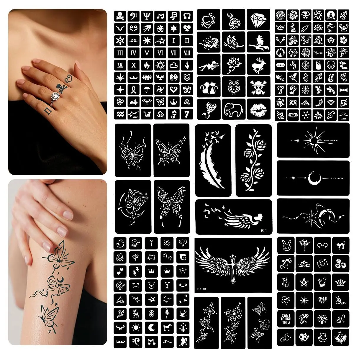 10 Pcs Variety Pack Hollow Out Tattoo Templates Detailed Patterns Designs A4 Size, Compatible with Henna Paste, Body Art Stencils, Casual Style, Perfect for DIY Tattoos, Artistic Expression