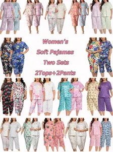 LONAGIRL Women's Plus Size Soft Pajamas Set - 2 Tops & 2 Bottoms Capri/Shorts Comfy Sleepwear Loungewear for Plus-Size Women