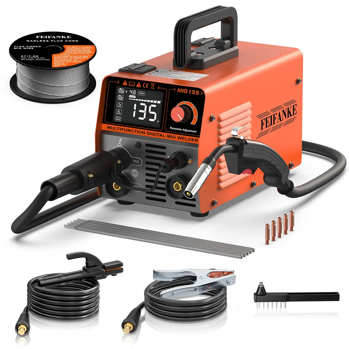 FEIFANKE MIG135 3-IN-1 (135A 110V) Portable Welder Machine, MIG GASLESS /ARC/ Lift TIG, IGBT Inverter Synergy ARC Welder Machine with LED Digital Display, Welding Kit, Metalworking/Repair/DIY Tool Set, Suitable for Beginners Welder