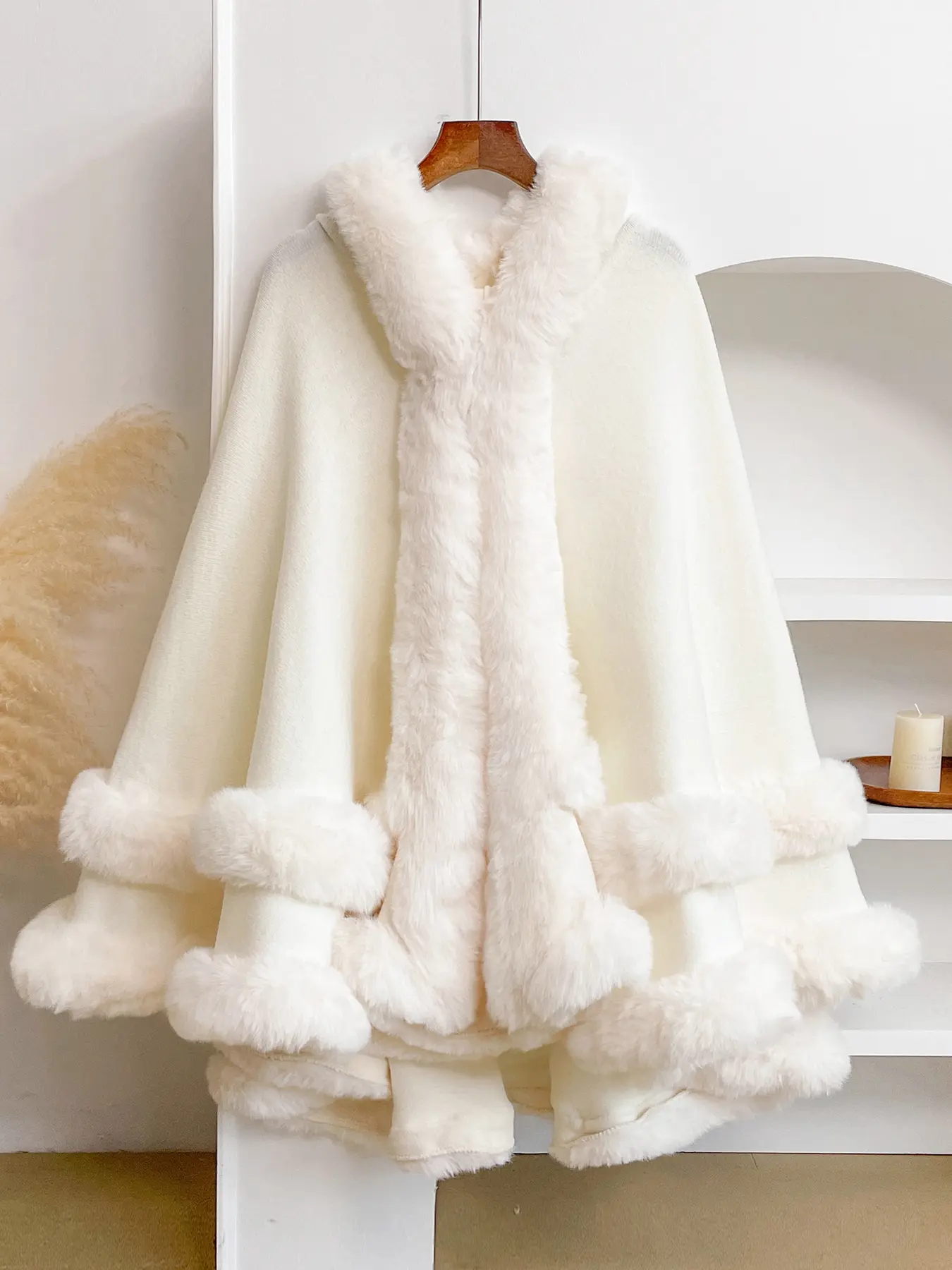 Women's Fashion Loose Hooded Fur Trim Shawl, Perfect Gift for Women, Stylish Accessory for Any Occasion, Fall & Winter Casual Wear