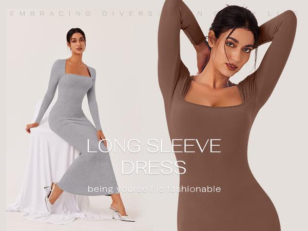 REORIA Women's Chic Black Square Neck Long Sleeve Bodycon Maxi Dress Autumn Casual Ribbed Soft Lounge Dresses Women's Wear Elegant Machine Washable Basic Minimalist Style