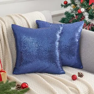 REGALWOVEN Sequin Throw Pillow Covers, Pack of 2 Square Glitter Decorative Pillow Cases Personalized Cushion Covers for Bed Sofa Bedroom Living Room Home Decor 16 x 16 Inch Dark Blue