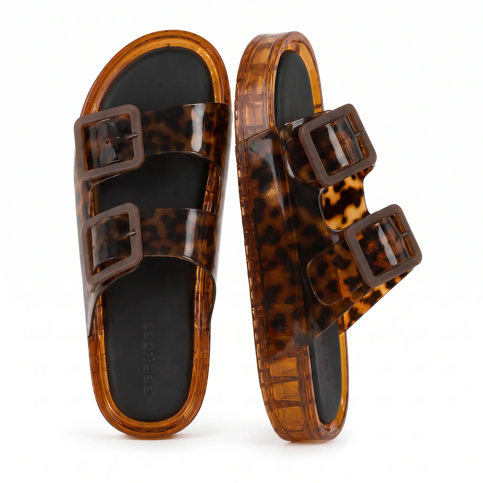BERNESS Denise Women's Summer Open-Toe Jelly Slide Sandals - Plastic Upper, Rubber Sole, Low Wedge, Transparent Double Buckle Design for Vacation, Casual Use