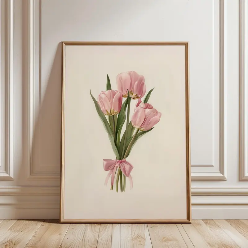 Coquette Tulips Bouquet Print, Pink Girly Aesthetic Wall Art, Y2K Cute Coquette Decor, Blush Pink Bow Poster, 5 Size, 8x12 to 27x40 inch, Room Decor, Unframed