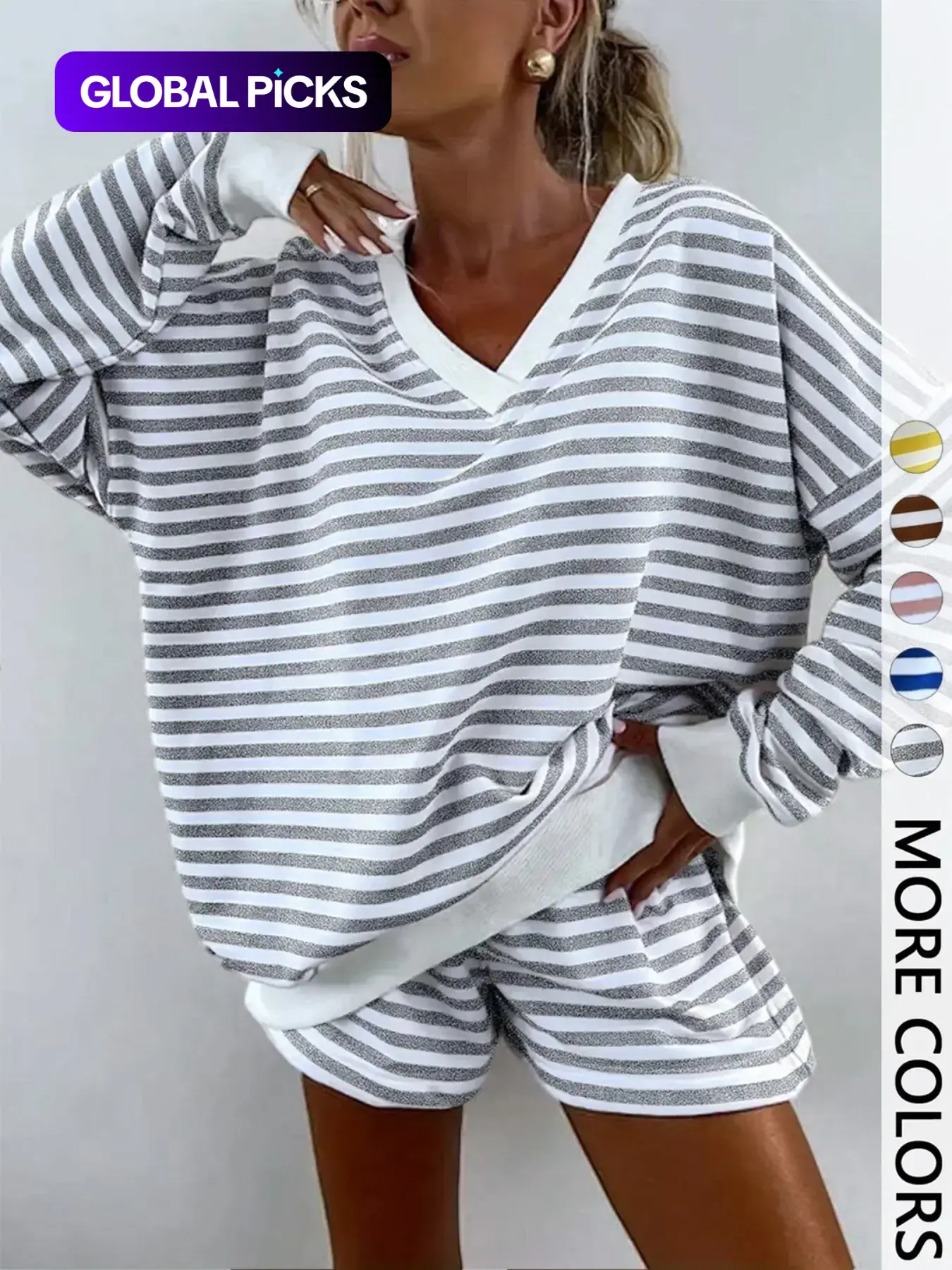 Women's Striped Print Long Sleeve Tee & High-Waisted Shorts Two-piece Set, Casual Top & Shorts for Spring, Women's Clothes for Daily Wear, Casual Lounge Set