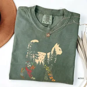 Comfort Colors Boho Cat Plants T-Shirt, Nature Trees Wildflowers Tee, Spring Vibe Shirt, Cat Lover Gift, Botanical Aesthetic Women’s Top