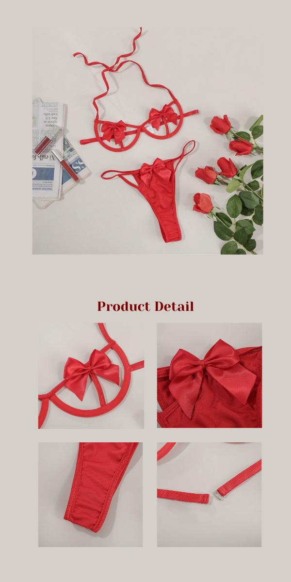 Women's Red Floral Lace Bow Lingerie Set Elegant Halter Top Crotchless Thong with Adjustable Straps Cute Sweet Style Underwear