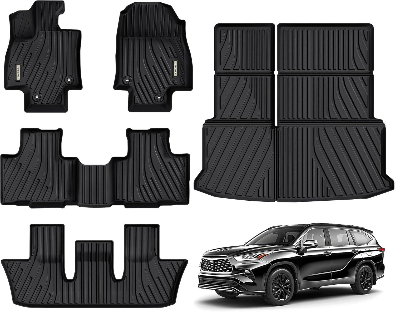 YITAMOTOR Upgraded Floor Mats Fit for Toyota Grand Highlander 2024 2025 w/Subwoofer 7 Seat (Include Hybrid), TPE Interior Seat Back Covers and Cargo Liner Behind 3rd Row (Trunk Mat with Backrest Mat)