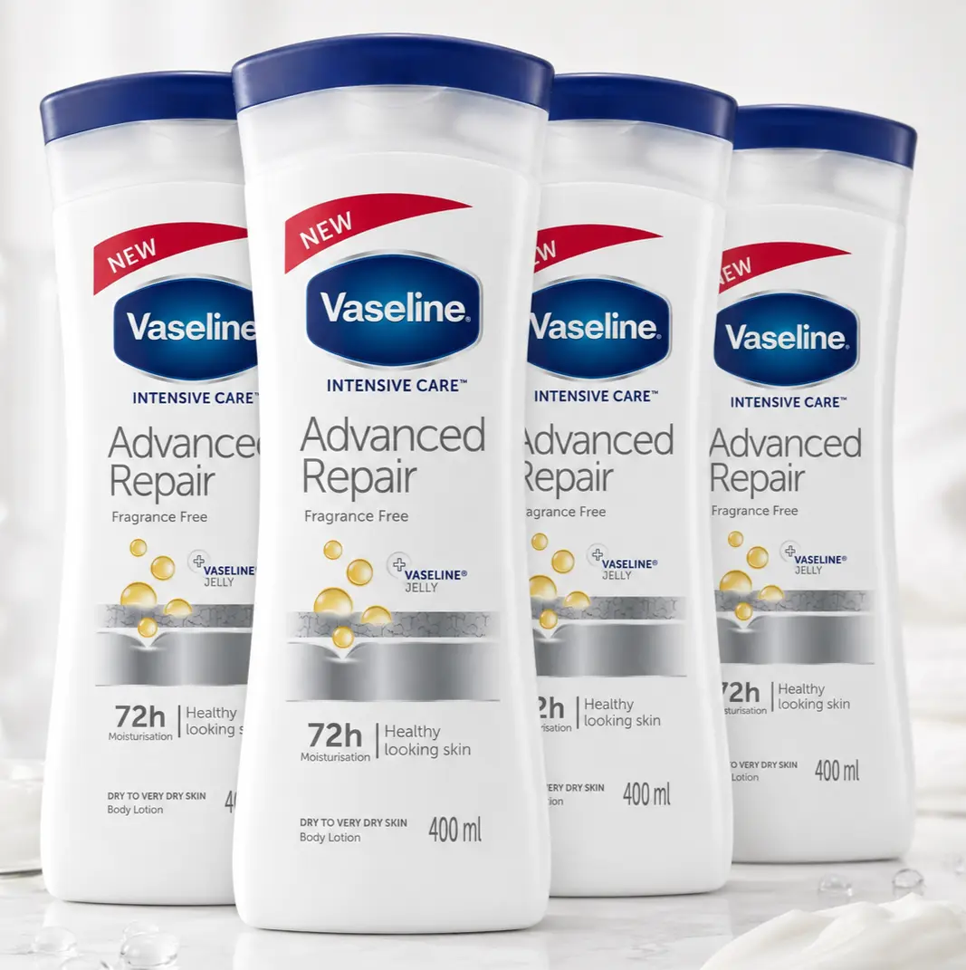 Vaseline Intensive Care Advanced Repair Body Lotion, Fragrance-Free Daily Moisturizing Lotion for Dry & Sensitive Skin, 72-Hour Long Hydration, 400ml/13.5oz Multipack, Gentle Skin Repair Body Care