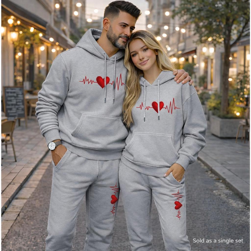 Couple's Heartbeat Print Hooded Sweatshirt and Drawstring Sweatpants Set (Sold as a Single Set), Casual Sportswear, Long-Sleeve Hooded Jacket and Pants, Suitable for Autumn, Winter, and Spring, Everyday Wear, Tracksuit, Casual Athletic Wear
