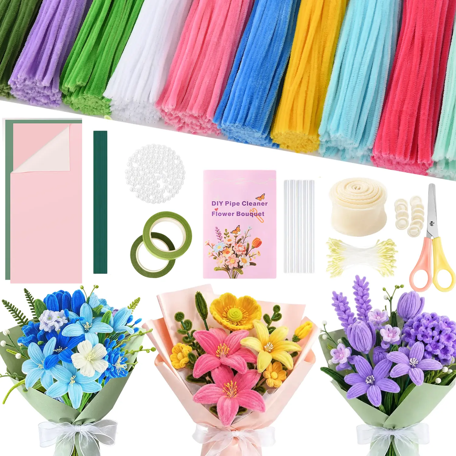 Mega DIY Flower Craft Kit - Pastel 800pcs/Rainbow 1000pcs Chenille Stem Pipe Cleaners, 8 Colors x 100 Pcs, 20 Wire Stems, 1x Scissors, Glue Sticks, Box, Beginner-Friendly Home Decor Supplies for Adults, Back to School, Hot Pink Artificial Bouquet Making
